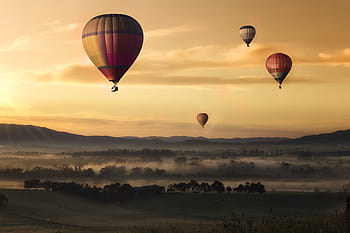 mehrere, heiß, Luftballons, Bodenfoto, heiße Luft, Ballon, Tal, Himmel, Gelb, schwimmend, Heißluftballon