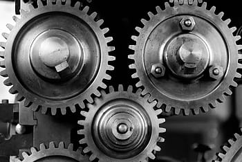 grayscale photo, gears, close-up, cogs, machine, machinery, mechanical, mechanism, metal, part, silver