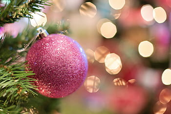 pembe, parıltı yılbaşı biblo, bokeh arka plan, seçici odak fotoğrafçılık, Noel süsü, ampul, pırıltı, kutlama, Noel, renkli, dekorasyon