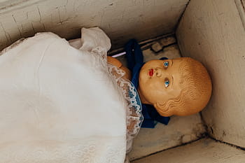 figurine fille, boîte, poupée, antique, ancien, vieux, lit de bébé, jouet, les enfants, en jouant, enfant