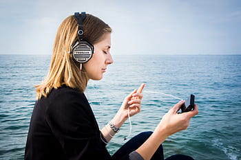 headphones, headphone, audio, music, wood, wooden, sound, woman, person, outdoors, sea