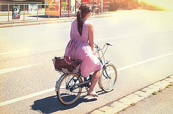 woman, driving, city bicycle, road, people, dress, summer, bicycle, bike, street, urban