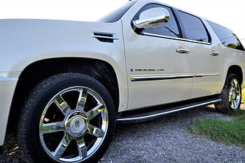 white, cadillac escalade suv, parked, open, field, pre-owned, cadillac escalade, front, side door, panel, angle