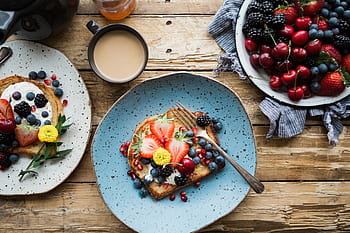 fruits, food, dessert, sweets, bread, breakfast, snack, coffee, cherries, strawberries, blueberries