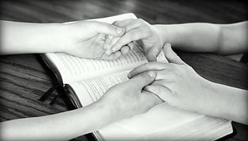 grayscale photography, two, person, holding, hands, book, holding hands, bible, praying, friends, bible study