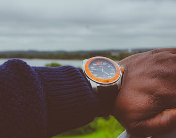 persona, indossare, il giro, arancia, analogico, orologio, persone, uomo, mano, tempo, nuvole
