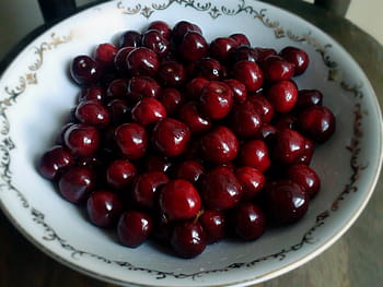 banda třešní, gulab, jamon, bílý, keramický, miska, třešní, ovoce, jídlo, zdravý, jídlo a pití