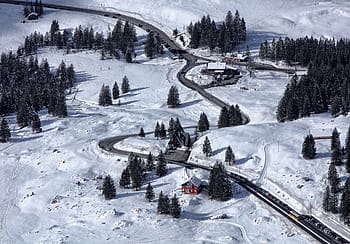 letecký, fotografování, Dům, obklopen, stromy, vedle, vlaku, hora, vysočina, krajina, Příroda