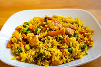 piatto di riso, petto di pollo, piatto indonesiano, piselli, pollo, ristorazione, cibo, curry, ristorante, pranzo, cena