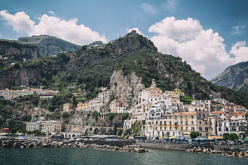 seaside, town, amalfi, sits, seaside town, Amalfi Coast, Italy, nature, beach, clouds, coast