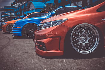 tři, vozy, zaparkováno, přední, budova, tělo kit, auto, auto tapeta, Zvyk, nízké zavěšení, snížena