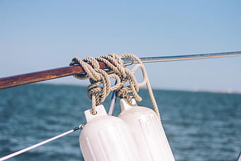two, white, boat floaters, tied, bar, sea, ocean, water, waves, nature, rope