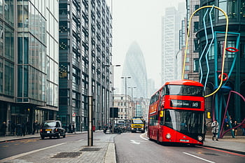rosso, autobus, Londra, autobus a due piani, UK, Inghilterra, strada, occupato, traffico, grattacielo, costruzione