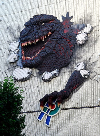 netvor, výzdoba stěn, Tokio, godzilla, zeď, reklamní, vysoký úhel pohledu, nikdo, vlna, uvnitř, den