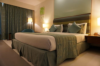 bílý, matrace, zelená, polštáře, hotel, pokoj, místnost, záclona, nábytek, lůžko, hotelový pokoj, ložnice