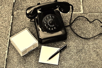 black, rotary, phone, surface, old, year built 1955, bakelite, post, dial, telephone handset, pen