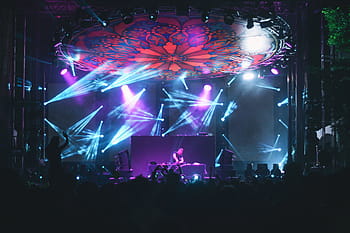 uomo, giocando, strumento, palcoscenico, dj, piatto, concerto, persone, folla, uomini, donne