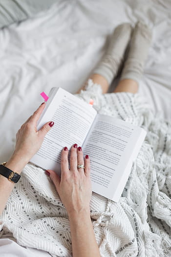 fotografia, mulher, cama, livro, xícara, café, mãos, Suave, xícara de café, branco, relaxar