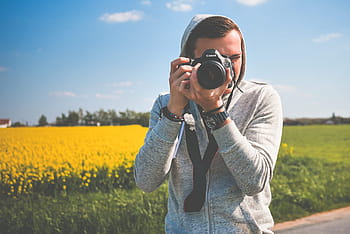 mengambil, Young, Fotografer, Aksi, Foto, kamera, kanon, dslr, gigi, manusia, orang
