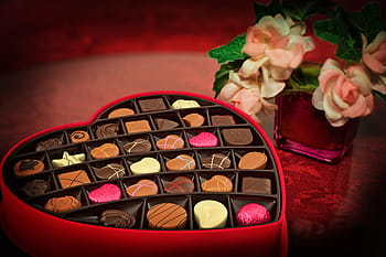 Pralinen, Innerhalb, herzform box, Valentinstag, Süßigkeiten, Herz, Liebe, rot, Romantik, Essen und Trinken, Schüssel