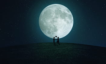 silhouette photo, boy, girl, moon, couple, night, love, woman, romantic, silhouette, sky