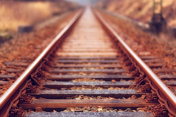 selective-focus, rail track, railway, track, outdoor, travel, blur, sunset, railroad Track, transportation, steel