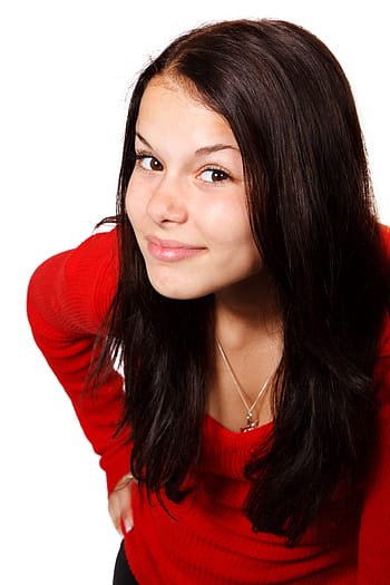 girl, red, long-sleeved, top, adult, communication, cute, face, female, gesture, hair