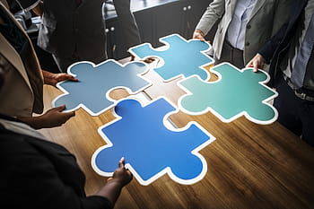 čtyři, lidé, hospodářství, obří puzzle, dokonalý, podnikání, sdělení, spojovací, spolupráce, diskuse, skupina
