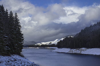 winter, river, forest, mountains, clouds, snow, water, outdoors, cold, sky, environment