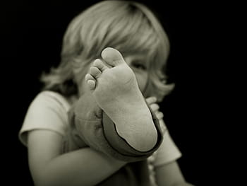 grayscale photography, children, showing, foot, child, ten, human, barefoot, security, cute, feet