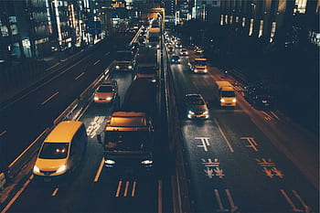 provoz, vozy, nákladní automobily, silnic, ulicích, noc, temný, večer, Asie, budov, město