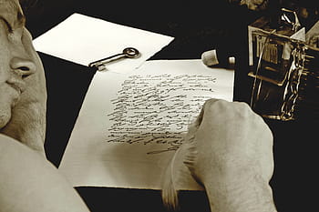 Mann, Schreiben, Weiß, ausgekleidet, Papier-, verlassen, Dichter, poetisch, Feder, Stift, Hand