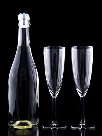 two, clear, flute champagne glasses, bottle, eve, drink, crystal, festive, glass, year, toast