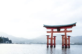 itsukushima shrine, daytime, sea, ocean, water, waves, nature, mountain, view, arch, landmark