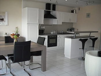 rectangular, brown, dining table, cantilever chair, white, black, kitchen, set, interior furniture, table, domestic kitchen