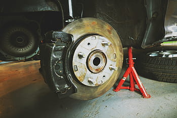 red, vehicle, stand, black, brake, disk, disc brake, mechanical, workshop, auto, car