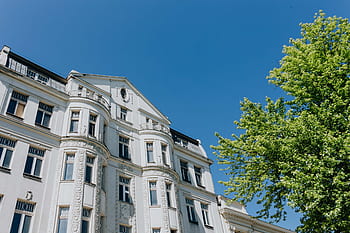 edifício, branco, cortiço, casa, céu, céu azul, árvore, azul, verde, lodz, łódź