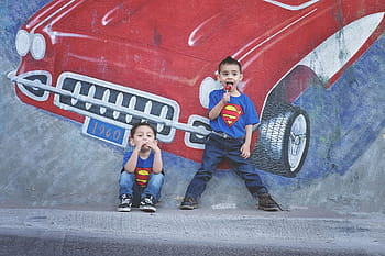 two, boy, eat, lollipop, leaning, wall, Superman, Super Hero, Hero, Hero, hero, super
