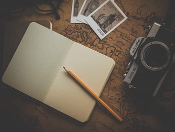 open, blank, notebook page, pen, camera, old, retro, antique, vintage, classic, map