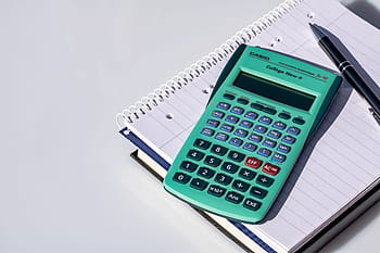 zelená, kasio kalkulačka, bílý, notebook, vedle, pero, casio, kalkulačka, výpočet, poznámkový blok, poznámky