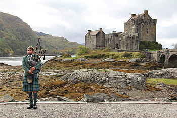 man, holding, bagpipe, castle, bagpipes, highlander, scottish, person, musical instrument, scotland, portree