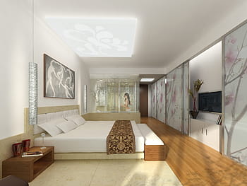 šedá, dřevěný, rám postele, bílý, matrace, interiér, hotel, vykreslování, vizualizace, architektura, vizualizace 3d