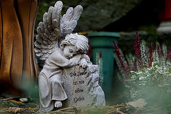 cherub figurine, red, flowers, angel, angel figure, angel wings, all souls, the tomb spell, all saints, grave of angels, mourning