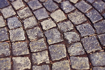 detailní, fotografie, šedá, beton, krokování, kameny, přízemní, dlažební kamen, náplast, silnice, pryč