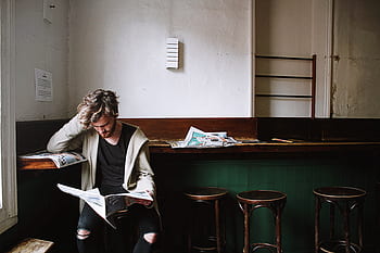 thinking, people, man, reading, magazine, newspaper, alone, chair
