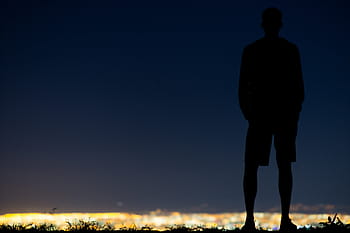 silueta fotografie, muž, osoba, stojící, vedle, tělo, voda, modrý, nebe, temný, západ slunce