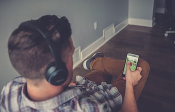 man, holding, smartphone, using, headphones, mobile, phone, inside, house, people, guy