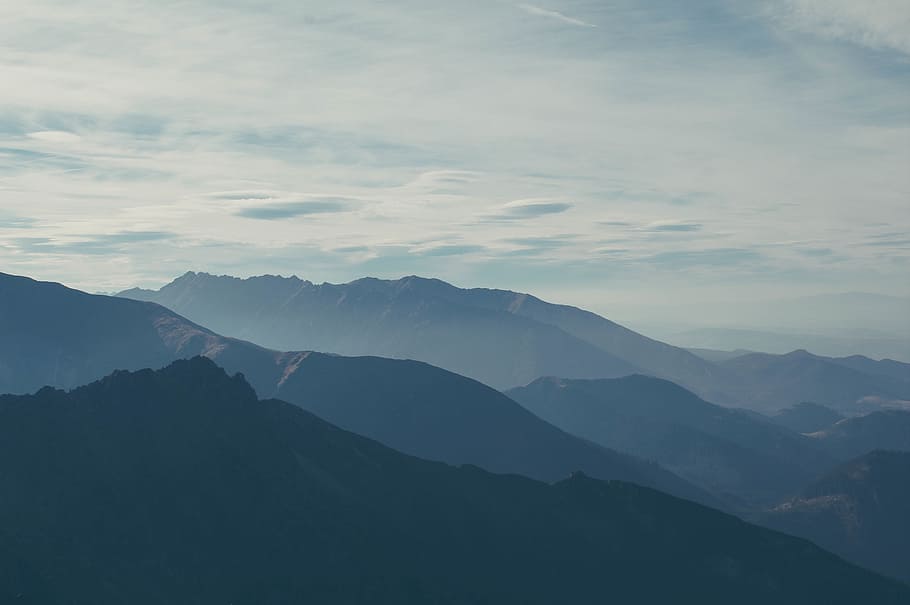 hory, šedá, modrý, nebe, během dne, kopců, mlhavé, krajina, Pohled, panoráma, Příroda
