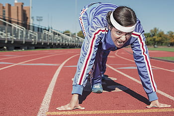 žena, modrý, bunda, běh, sprint, cinder-track, cinderpath, Start, sportovní, sportovec, zdatnost