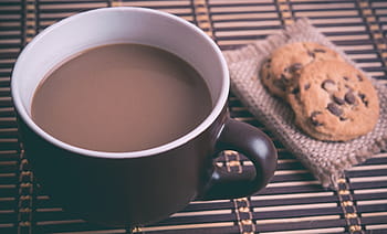 schwarz, Weiß, Keramik, Becher, gefüllt, Kaffee, neben, Kekse, braun, Tasse, Flüssigkeit